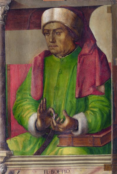 Boece (480-524) - Boethius par Berruguete, Pedro (1450-1503). Olje på tre, størrelse: 97x63, ca. 1473-1475, Nasjonalgalleriet i Marche, Urbino av Pedro Berruguete