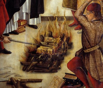 Detalj av "" Saint Dominique et les Albigeois"" (Le Miracle des Fanjeaux): helgenen gir Albigeois boken som tilbakeviser deres kjetteri og Albigeois prøver å brenne den, uten å lykkes. Maleri av Pedro Berruguete (1450-1504). 1500-tallets søn. 1,22 x 0 av Pedro Berruguete