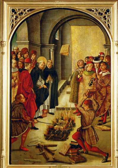 Den hellige Dominik forretter brenningen av albigensernes kjetterbøker (maleri på tre) av Pedro Berruguete