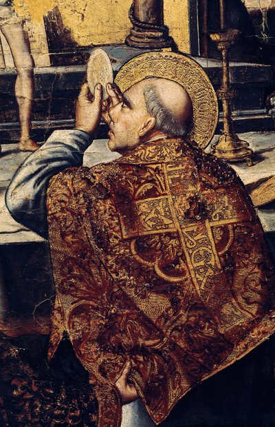 Eukaristien (helgenen reiser verten, et kristent symbol på Kristi legeme). Detalj av altertavlen til Gregor I-messen, kalt den store eller dialogen (540-604) pave i 590. Maleri av Pedro BERRUGUETE (1450-1504). Renessansemaleri, Catal av Pedro Berruguete