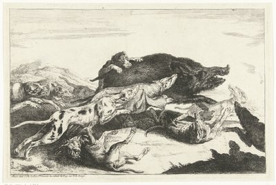 Hunder jager et villsvin av Peeter Boel
