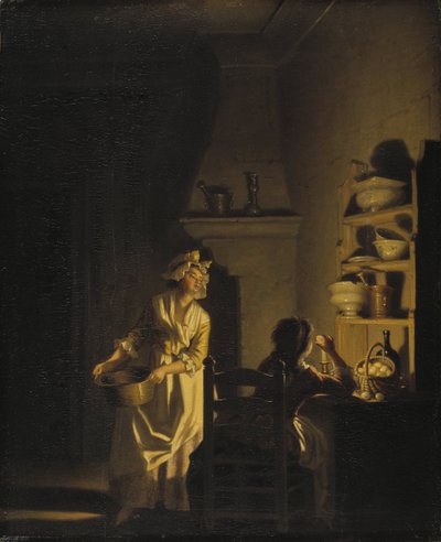 Le test des oeufs, interiør de cuisine - Testing av egg. Interiør i et kjøkken, av Hillestrom, Pehr (1732-1816). Olje på tre. Mål: 39x32 cm. Nationalmuseum Stockholm av Pehr Hilleström