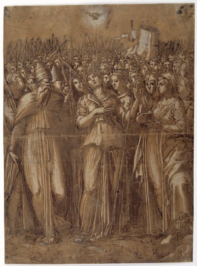 St Ursula med de martyrdøde jomfruene (penn og brunt blekk forsterket med hvit kroppsfarge på papir vasket brunt) av Pellegrino (c.1460 1523) Aretusi