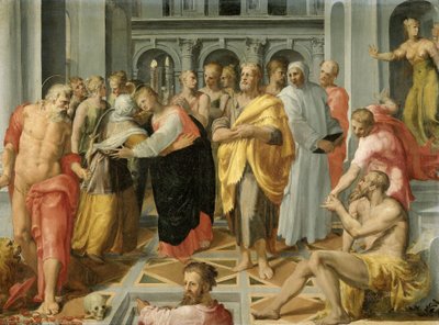 Besøk (Møte mellom Maria og Elizabeth i nærvær av de hellige Josef og Hieronymus) av Pellegrino Tibaldi (circle of)