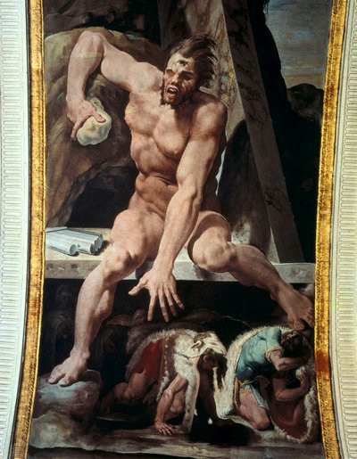 Ulysses og hans følgesvenner flykter fra Polyphemus hule. Fresco av Pellegrino Tibaldi