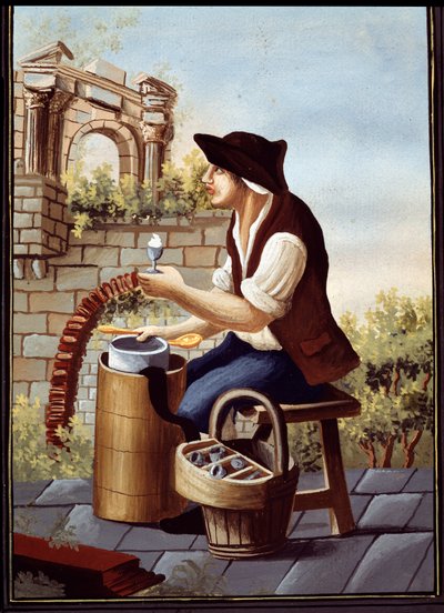 Napolitanske folkeskikk: selgeren av iskrem (Gelato, Gelati) og vandresorbeter. Detrempe de Pelliccia (1800-tallet) Napoli nasjonalmuseum i San Martino av Pelliccia