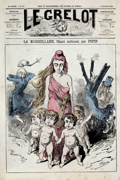 En av "" The bell "" som representerer en allegori av nasjonalsangen "" La Marseillaise """ som rykker frem mens adelen tetter ørene mens de flykter. Illustrasjon av Pepin. 10.02.1878. Privat samling av Pepin