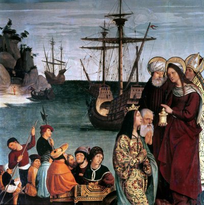 Mary Magdalene går ombord på et skip, fra altertavlen til Saint Magdalen av Pera Matas