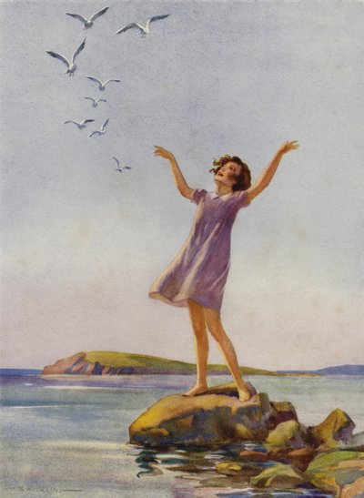Jente som nyter solskinnet ved sjøen (farge litho) av Percy Bell Hickling