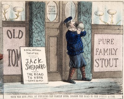 "Gutten - som ved å hente familiens øl lærer veien til det offentlige huset, pub.c. 1872 (håndfarget gravering) av Percy Cruikshank