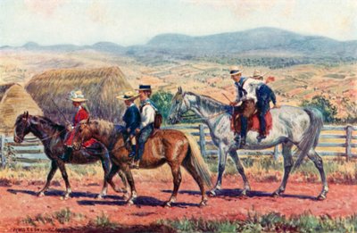 Australske barn som sykler til skolen (farge litho) av Percy F.S. (after) Spence