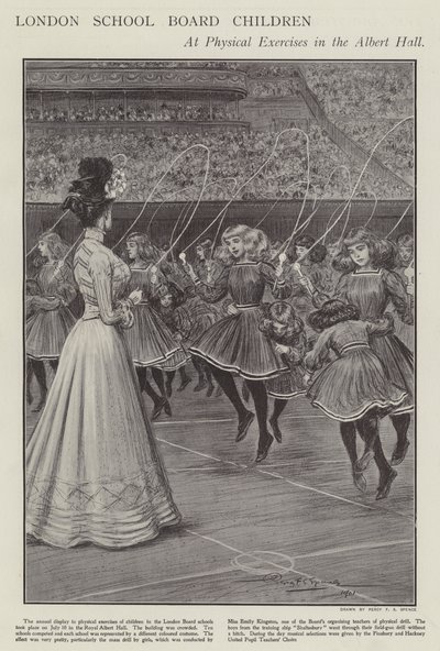 London School Board-barn på fysiske øvelser i Albert Hall (litho) av Percy F.S. (after) Spence