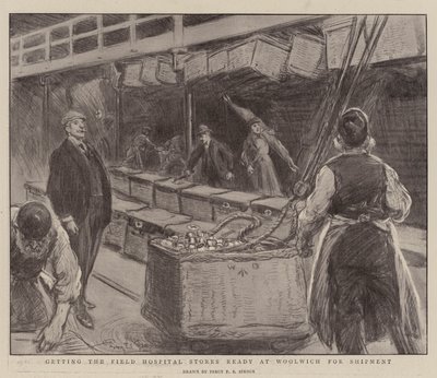 Klargjør feltsykehusbutikkene i Woolwich for forsendelse av Percy F.S. Spence