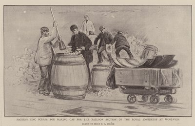 Pakking av sink-rester for å lage gass til ballongseksjonen til Royal Engineers i Woolwich av Percy F.S. Spence
