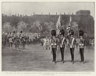Kongen og 3. bataljon skotske vakter, offiserer med de nye fargene marsjerende forbi Hans Majestet av Percy F.S. Spence