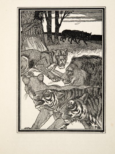 A Grateful Lioness, fra A Hundred Anecdotes of Animals, pub. 1924 (gravering) av Percy J. Billingshurst