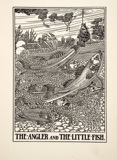 Angleren og den lille fisken, fra A Hundred Fables of Aesop, pub.1903 (gravering) av Percy J. Billingshurst