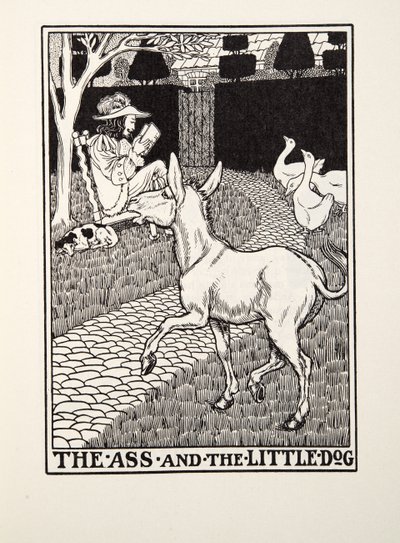 The Ass and the Little Dog, fra Fontaine Fables, pub. 1905 av Percy J. Billingshurst