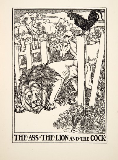 The Ass, the Lion and the Cock, fra A Hundred Fables of Aesop, pub.1903 av Percy J. Billingshurst