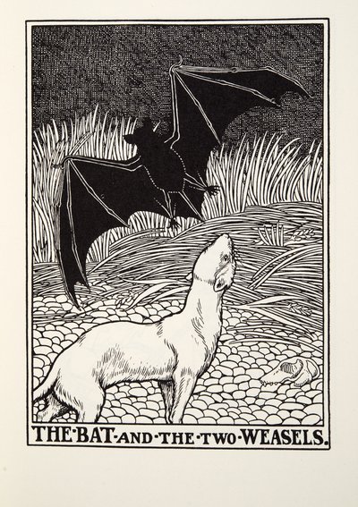 The Bat and the Two Weasels, fra Fontaine Fables, pub. 1905 av Percy J. Billingshurst