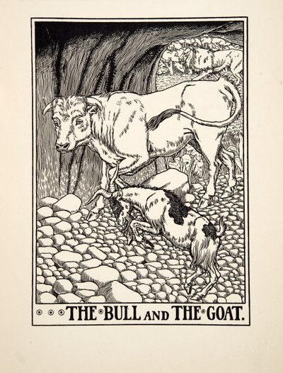 The Bull and the Goat, fra A Hundred Fables of Aesop, pub.1903 (gravering) av Percy J. Billingshurst