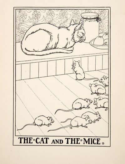 The Cat and the Mice, fra A Hundred Fables of Aesop, pub.1903 (gravering) av Percy J. Billingshurst