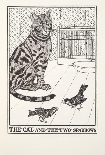 The Cat and the Two Sparrows, fra Fontaine Fables, pub. 1905 av Percy J. Billingshurst