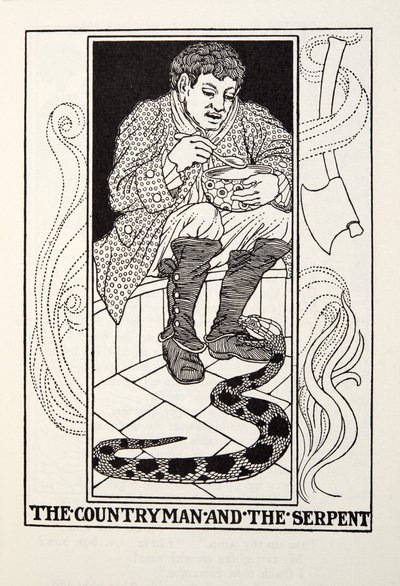 The Countryman and the Serpent, fra Fontaine Fables, pub. 1905 av Percy J. Billingshurst