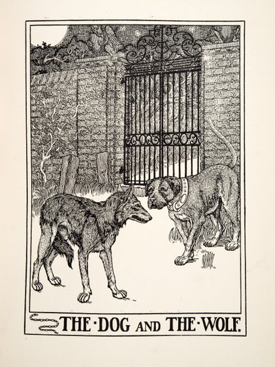 The Dog and the Wolf, fra A Hundred Fables of Aesop, pub.1903 (gravering) av Percy J. Billingshurst