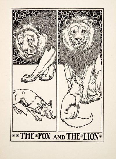 The Fox and the Lion, fra A Hundred Fables of Aesop, pub.1903 (gravering) av Percy J. Billingshurst