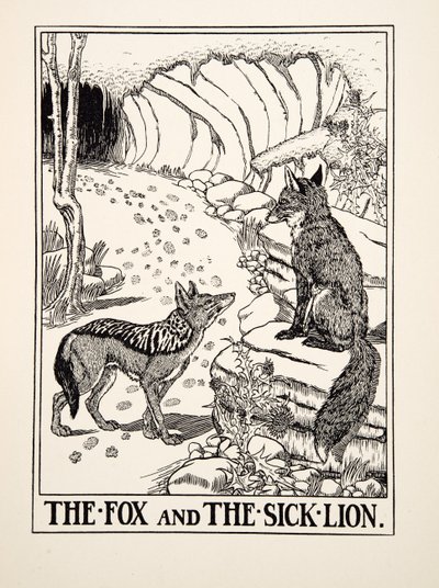 The Fox and the Sick Lion, fra A Hundred Fables of Aesop, pub.1903 (gravering) av Percy J. Billingshurst