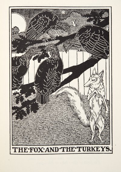 The Fox and the Turkeys, fra Fontaine Fables, pub. 1905 av Percy J. Billingshurst