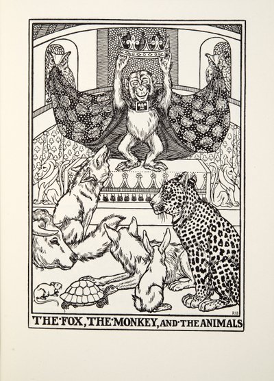 The Fox, the Monkey, and the Animals, fra Fontaine Fables, pub. 1905 av Percy J. Billingshurst
