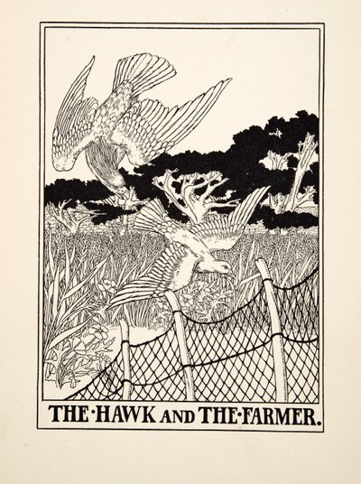 The Hawk and the Farmer, fra A Hundred Fables of Aesop, pub.1903 (gravering) av Percy J. Billingshurst