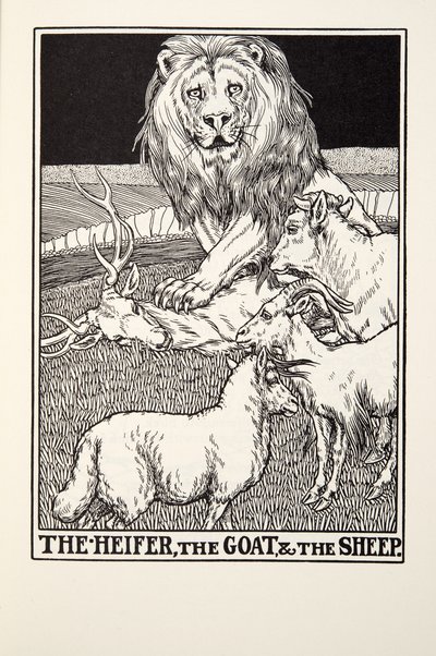 The Heifer, the Goat and the Sheep, fra Fontaine Fables, pub. 1905 av Percy J. Billingshurst