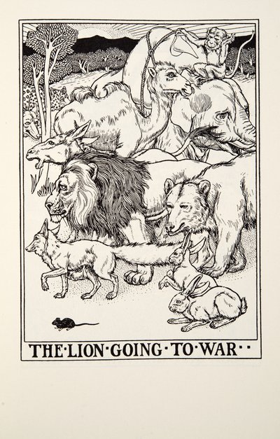The Lion Going to War, fra Fontaine Fables, pub. 1905 av Percy J. Billingshurst