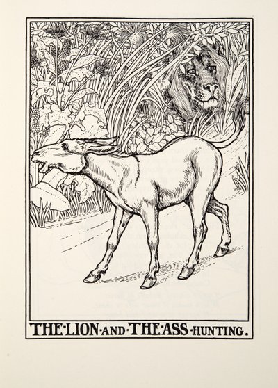 The Lion and The Ass Hunting, fra Fontaine Fables, pub. 1905 av Percy J. Billingshurst