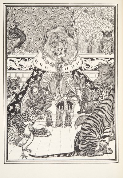 The Lion and his Associates, Frontispice, fra Fontaine Fables, pub. 1905 av Percy J. Billingshurst