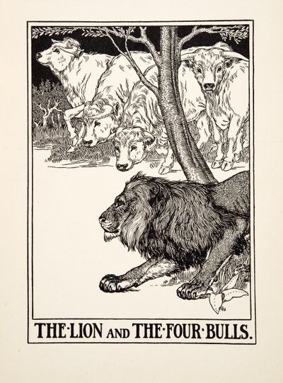 The Lion and the Four Bulls, fra A Hundred Fables of Aesop, pub.1903 (gravering) av Percy J. Billingshurst