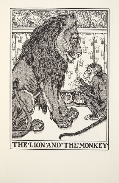 The Lion and the Monkey, fra Fontaine Fables, pub. 1905 av Percy J. Billingshurst