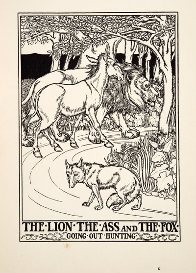 The Lion, the Ass and the Fox går ut på jakt, fra A Hundred Fables of Aesop, pub.1903 (gravering) av Percy J. Billingshurst