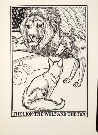 The Lion, the Wolf and the Fox, fra Fontaine Fables, pub. 1905 av Percy J. Billingshurst