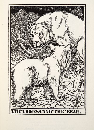The Lioness and the Bear, fra Fontaine Fables, pub. 1905 av Percy J. Billingshurst