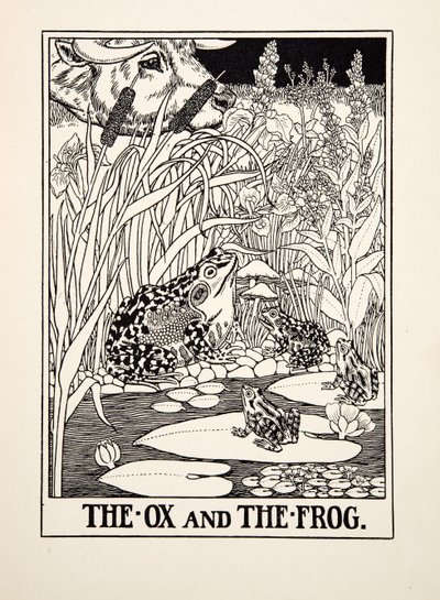 Oksen og frosken, fra A Hundred Fables of Aesop, pub.1903 av Percy J. Billingshurst