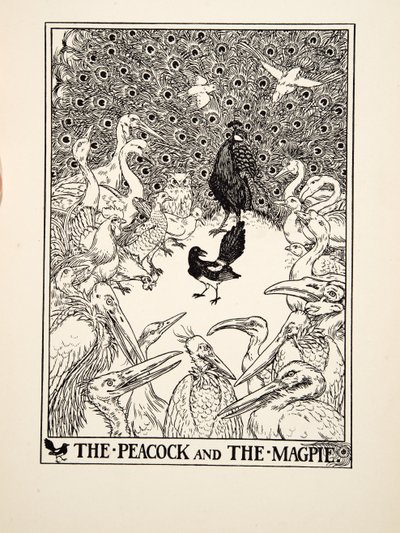 The Peacock and the Magpie, fra A Hundred Fables of Aesop, pub.1903 (gravering) av Percy J. Billingshurst