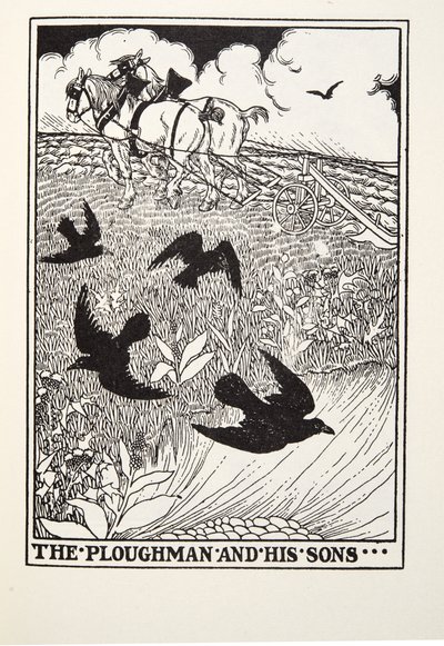 The Ploughman and his Sons, fra Fontaine Fables, pub. 1905 av Percy J. Billingshurst