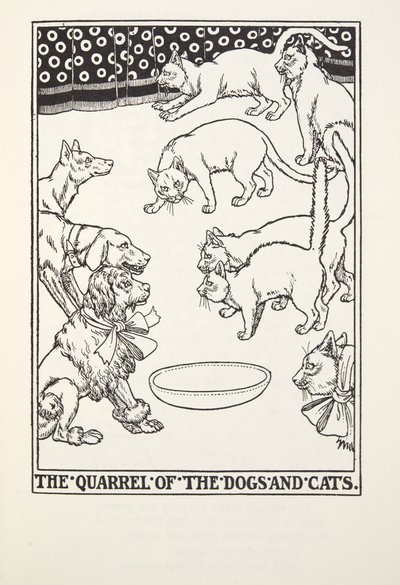 The Quarrel of the Dogs and Cats, fra Fontaine Fables, pub. 1905 av Percy J. Billingshurst