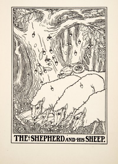 Shepherd and his Sheep, fra A Hundred Fables of Aesop, pub.1903 (gravering) av Percy J. Billingshurst