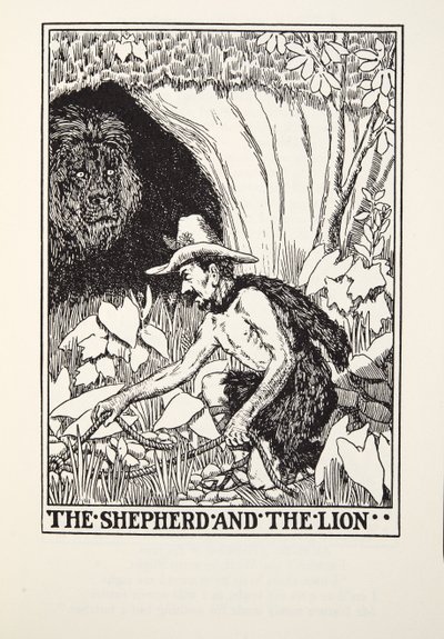 Shepherd and the Lion, fra Fontaine Fables, pub. 1905 av Percy J. Billingshurst