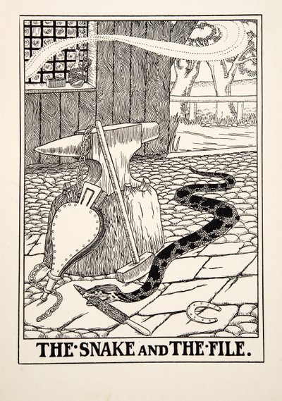 The Snake and the File, fra A Hundred Fables of Aesop, pub.1903 (gravering) av Percy J. Billingshurst